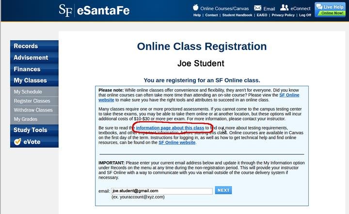 Screenshot of eSantaFe when student registers for an online or hybrid course.
