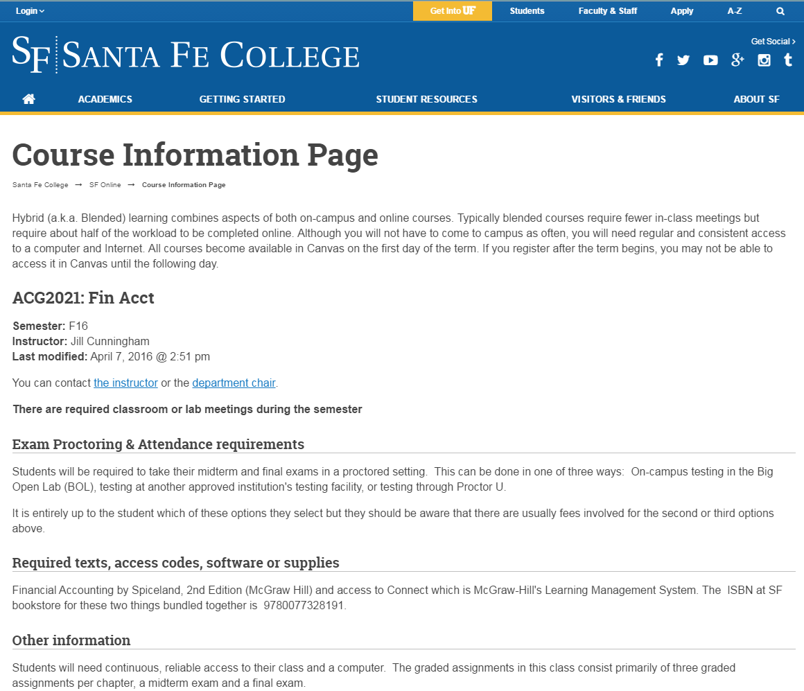 Example of what the students will see when they look at a completed Course Info Page.