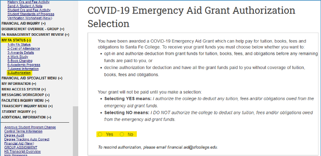 A screenshot showing a message sent to students who were awarded a COVID-19 Emergency Grant but did not provide proper authorization