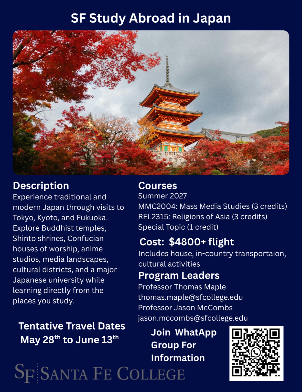 SF Study Abroad in Japan 2027 program flyer with dates, courses, and cost