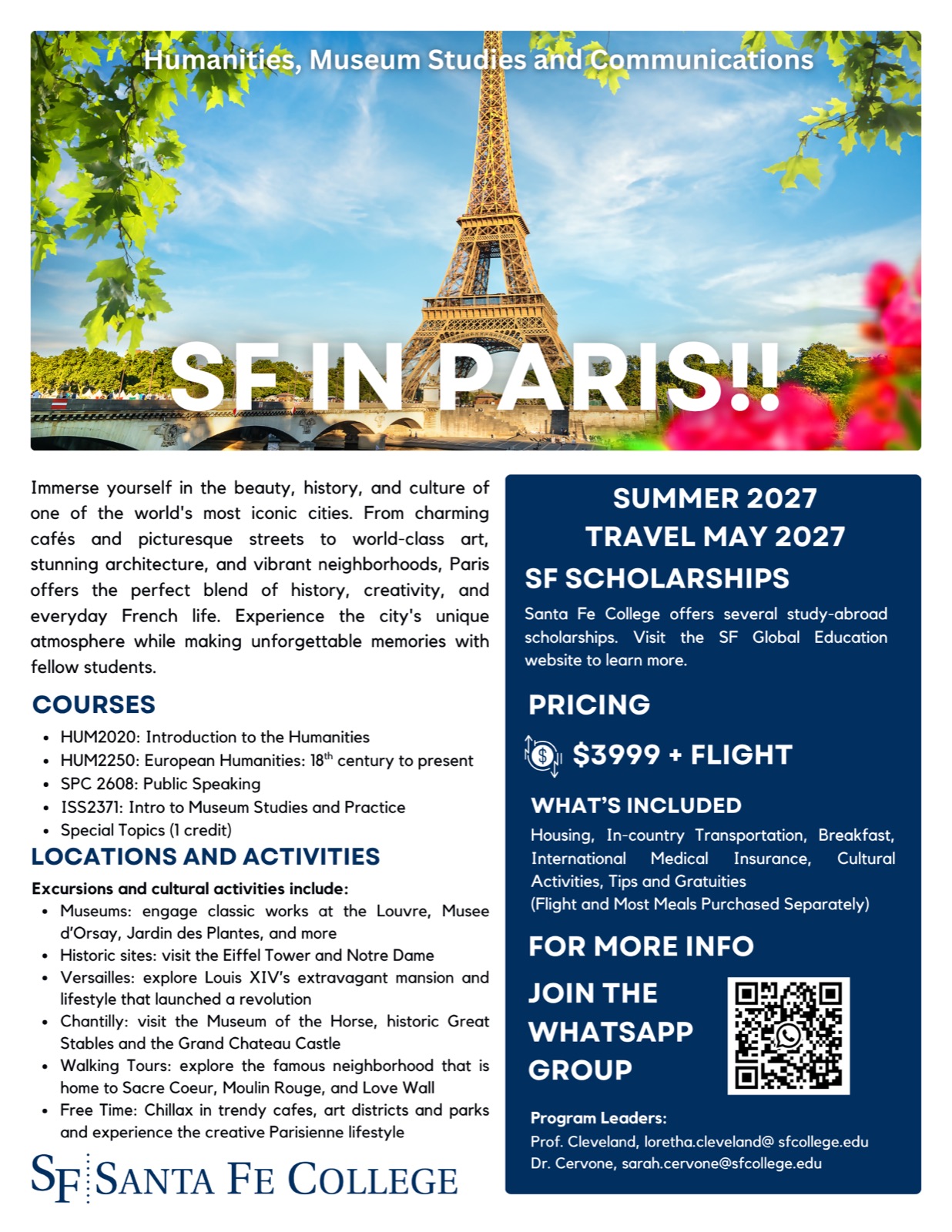 SF in Paris 2027 program flyer with courses, excursions, and cost