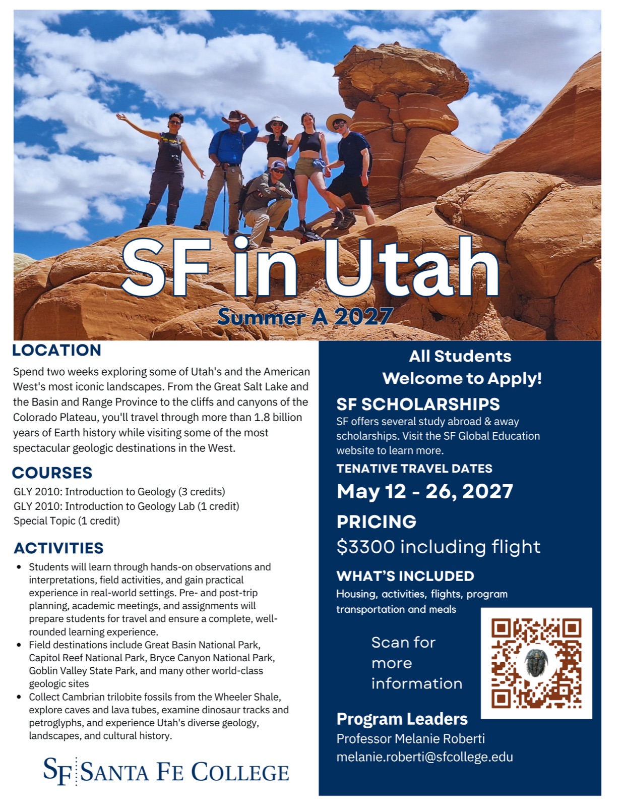 SF in Utah 2027 program flyer with dates, courses, activities, and cost