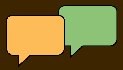 Yellow and green word bubbles against brown background