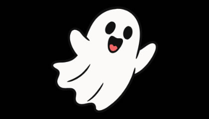 A cute white smiling ghost against a black background
