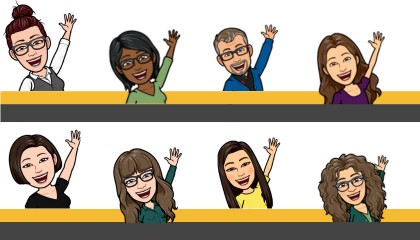 Bitmojis of librarians waving hi