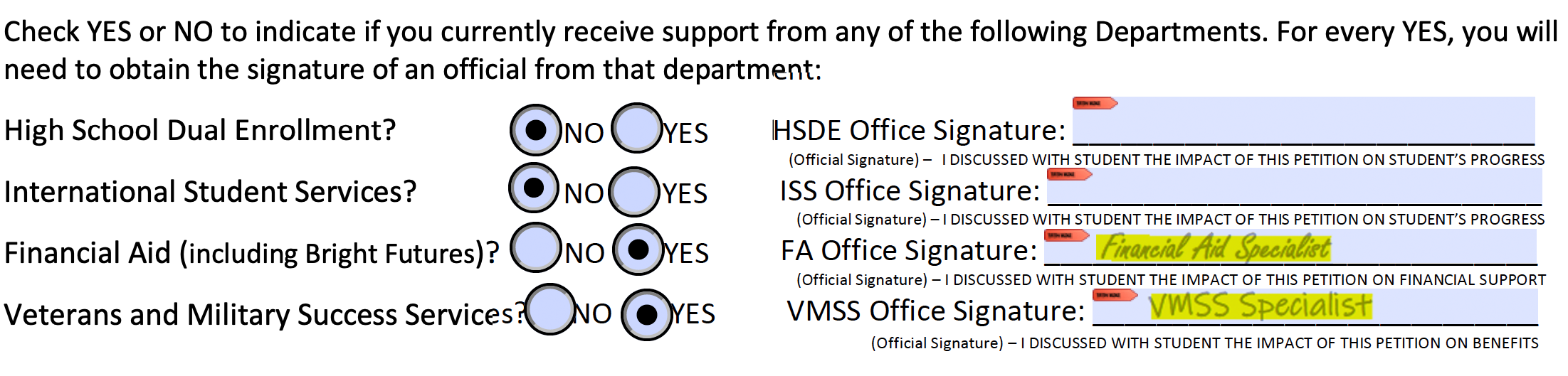 Screenshot of "check yes or no to indicate if you currently receive support from any..."